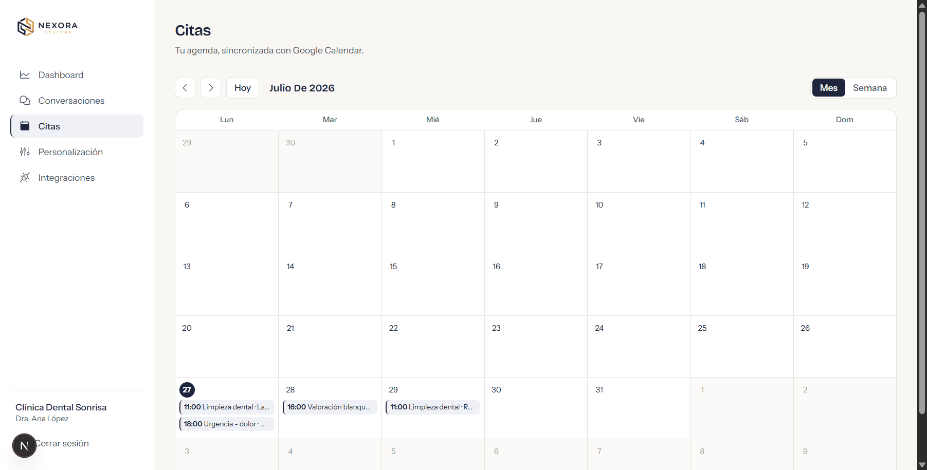 Calendario mensual con las citas agendadas por el recepcionista, sincronizadas con Google Calendar.